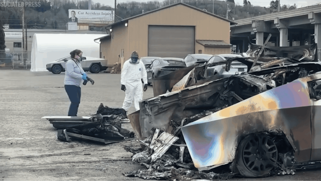 Cybertrucks in Seattle lot firebombed - AP video screenshot